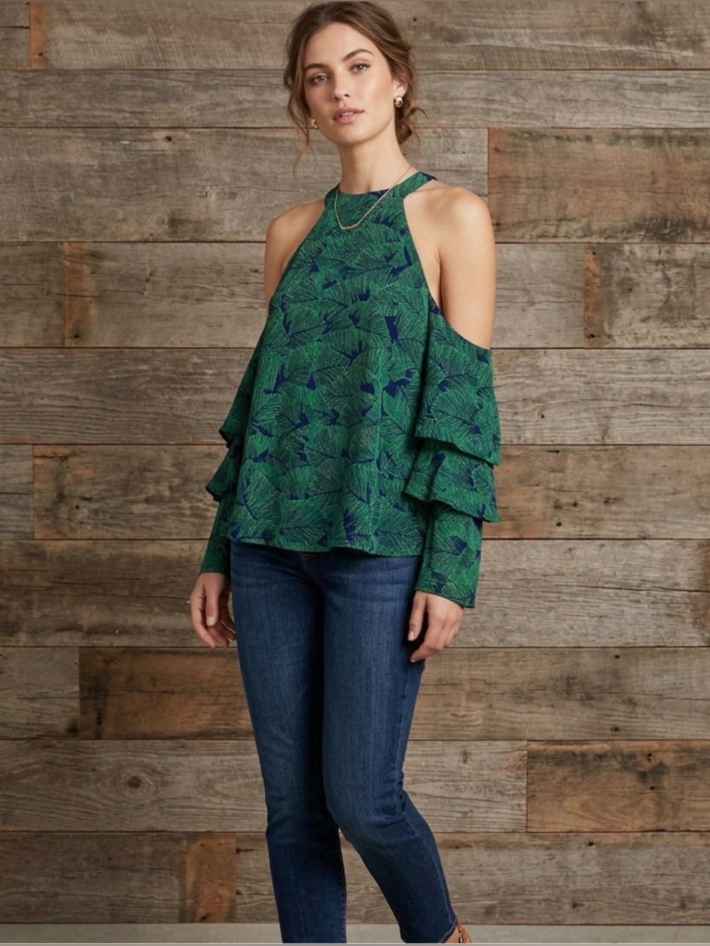 Olivaceous Green Leaf-Print Cold-Shoulder Ruffle Blouse